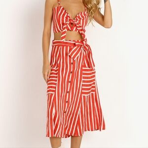 Metrowear Red and White Linen Blend Striped Women's Skirt